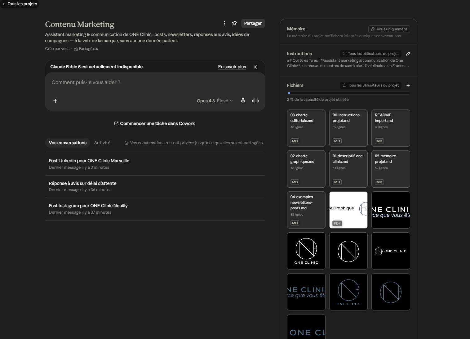 Vue du Projet « Contenu Marketing » dans Claude Team : Instructions, Fichiers de connaissance et conversations