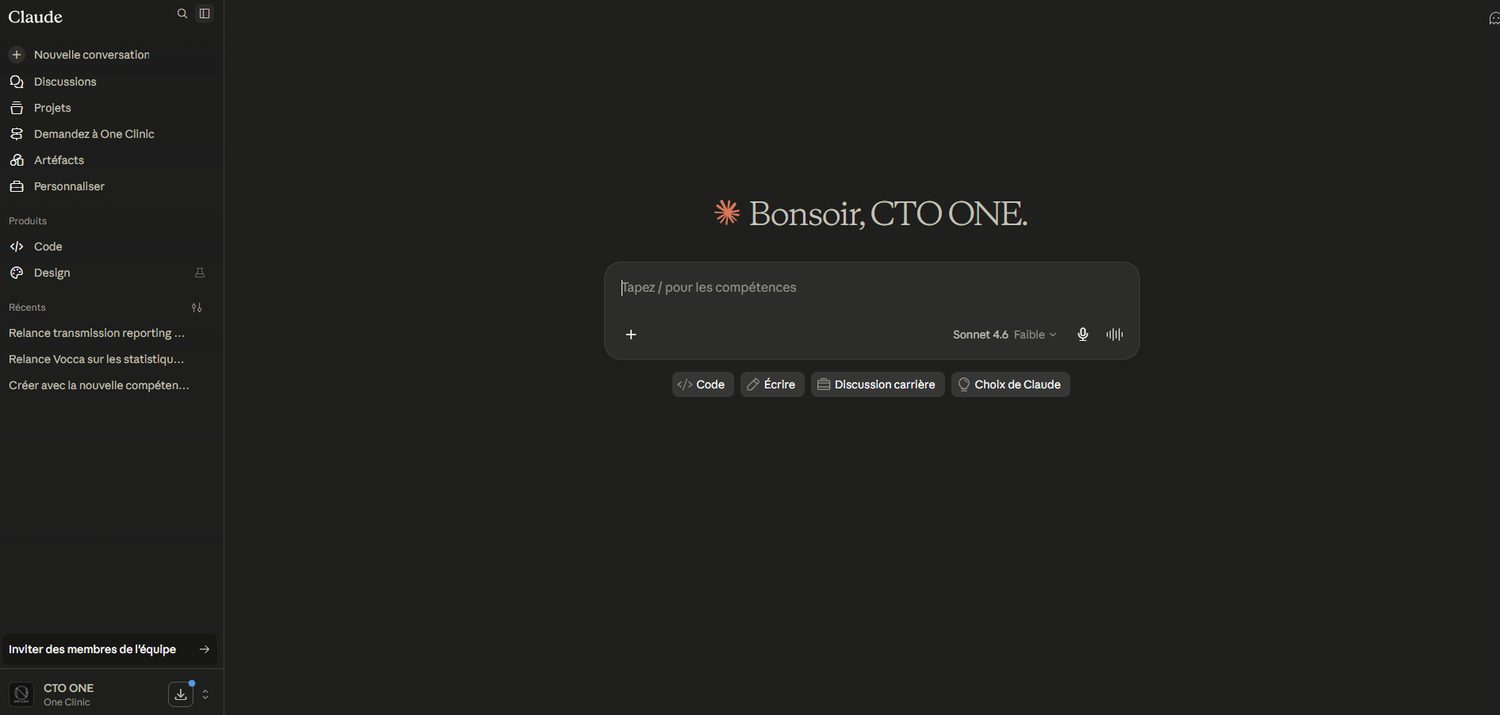 Vue d'ensemble de claude.ai apr&egrave;s connexion