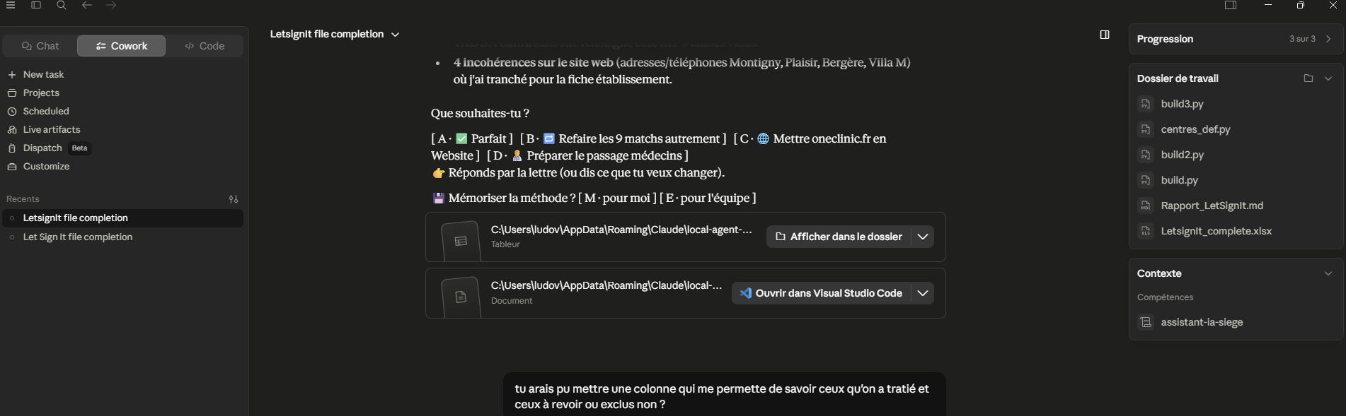 Cowork propose son plan, signale les incohérences et demande validation avec un menu de choix